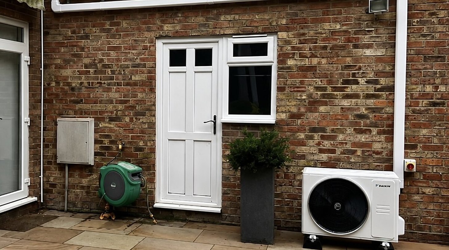 Outdoor air conditioning unit neatly installed on a house wall