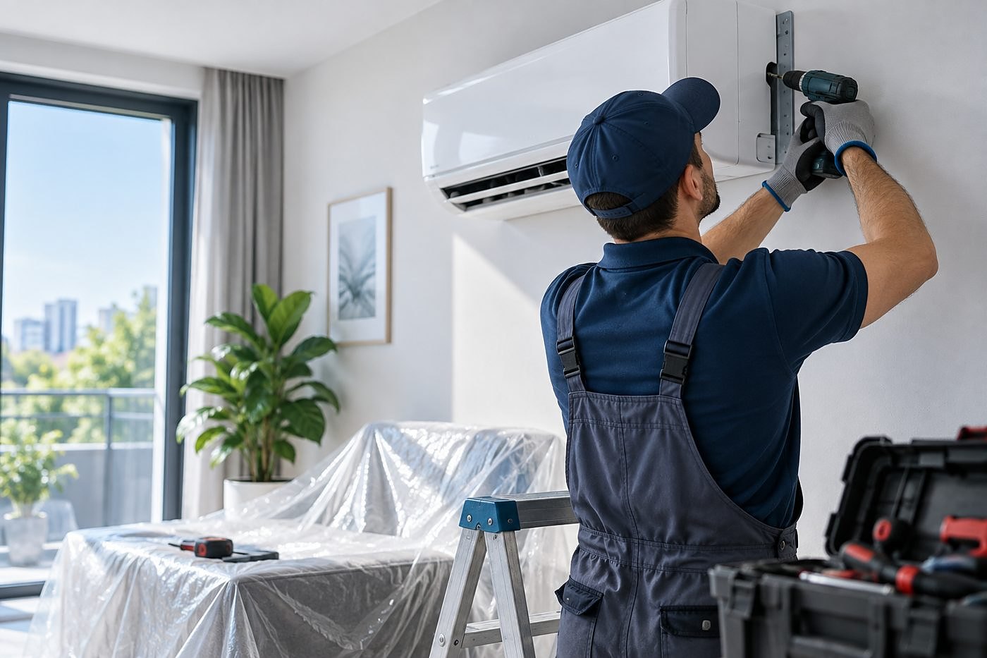 Engineer fitting a wall-mounted indoor air conditioning unit