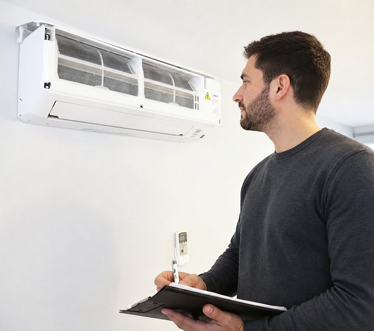 Customer looking at a newly installed wall-mounted air conditioning unit